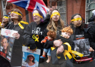 Hostage Families rally at three London embassies on World Human Rights Day in plea for intervention in releasing the 100 hostages held in Gaza, London, UK.