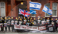 Hostage Families rally at three London embassies on World Human Rights Day in plea for intervention in releasing the 100 hostages held in Gaza, London, UK.