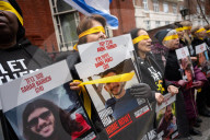 Hostage Families rally at three London embassies on World Human Rights Day in plea for intervention in releasing the 100 hostages held in Gaza, London, UK.