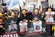 Hostage Families rally at three London embassies on World Human Rights Day in plea for intervention in releasing the 100 hostages held in Gaza, London, UK.
