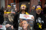 Hostage Families rally at three London embassies on World Human Rights Day in plea for intervention in releasing the 100 hostages held in Gaza, London, UK.