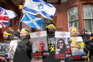 Hostage Families rally at three London embassies on World Human Rights Day in plea for intervention in releasing the 100 hostages held in Gaza, London, UK.