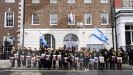 Hostage Families rally at three London embassies on World Human Rights Day in plea for intervention in releasing the 100 hostages held in Gaza, London, UK.