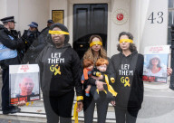 Hostage Families rally at three London embassies on World Human Rights Day in plea for intervention in releasing the 100 hostages held in Gaza, London, UK.