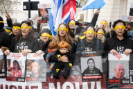 Hostage Families rally at three London embassies on World Human Rights Day in plea for intervention in releasing the 100 hostages held in Gaza, London, UK.