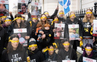 Hostage Families rally at three London embassies on World Human Rights Day in plea for intervention in releasing the 100 hostages held in Gaza, London, UK.