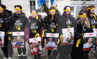 Hostage Families rally at three London embassies on World Human Rights Day in plea for intervention in releasing the 100 hostages held in Gaza, London, UK.