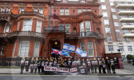Hostage Families rally at three London embassies on World Human Rights Day in plea for intervention in releasing the 100 hostages held in Gaza, London, UK.