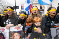Hostage Families rally at three London embassies on World Human Rights Day in plea for intervention in releasing the 100 hostages held in Gaza, London, UK.