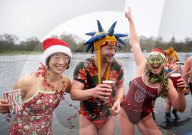 Members of the Serpentine Swimming Club participate in the annual Christmas Day morning Peter Pan Cup on the Serpentine, Hyde Park, London, Great Britain 
25th December 2024