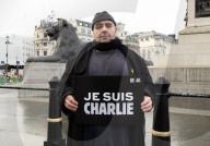 Je suis Charlie rally organised by the Our Fight campaign group commemorating the 10th anniversary of the Charlie Hebdo murders. Trafalgar Square, London, UK