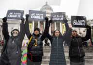Je suis Charlie rally organised by the Our Fight campaign group commemorating the 10th anniversary of the Charlie Hebdo murders. Trafalgar Square, London, UK