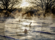 Swimmers brave cold temperatures to exercise in Hampton outdoor heated pool in south west London, UK. 