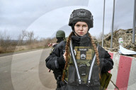 Ukrainian police officers at roadblock in Zaporizhzhia region