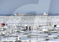 Rock salt freighter stuck in ice in Buffalo
