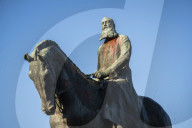 Statue of King Leopold II defaced with red paint in Brussels