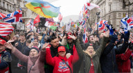 Tommy Robinson supporters march from Waterloo to Whitehall for rally & speeches, 
London, UK.