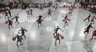 Dancing robot group perform with human 