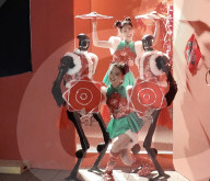Dancing robot group perform with human 