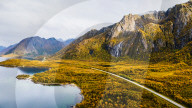 Drone View of Waterfall and Autumn Foliage Near Myrland, Norway