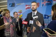 Polish Defense Minister talks to the press at NATO in Brussels