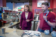 Rachel Reeves UK Chancellor of the Exchequer visits a branch of Costa Coffee in Nottingham