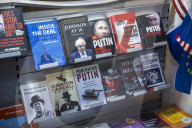 Books on Global Politics and Leaders Displayed in Brussels Bookstore Window