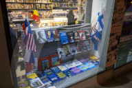 Books on Global Politics and Leaders Displayed in Brussels Bookstore Window