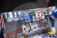 Books on Global Politics and Leaders Displayed in Brussels Bookstore Window