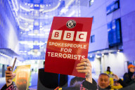 Campaign Against Anti-semitism protests outside the BBC following airing of Hamas propaganda film. London, UK.
