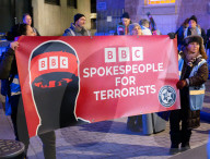 Campaign Against Anti-semitism protests outside the BBC following airing of Hamas propaganda film. London, UK.