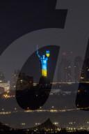 Motherland Monument shines in Ukraine's national colours