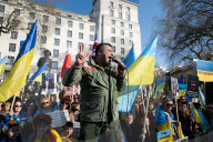 A rally to support Ukraine on the 3rd anniversary of the war / conflict with Russia in Whitehall, London, UK.