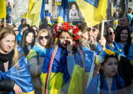 A rally to support Ukraine on the 3rd anniversary of the war / conflict with Russia in Whitehall, London, UK.