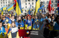 A rally to support Ukraine on the 3rd anniversary of the war / conflict with Russia in Whitehall, London, UK.