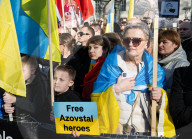 A rally to support Ukraine on the 3rd anniversary of the war / conflict with Russia in Whitehall, London, UK.