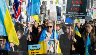 A rally to support Ukraine on the 3rd anniversary of the war / conflict with Russia in Whitehall, London, UK.