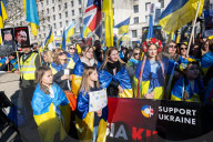 A rally to support Ukraine on the 3rd anniversary of the war / conflict with Russia in Whitehall, London, UK.
