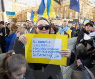 A rally to support Ukraine on the 3rd anniversary of the war / conflict with Russia in Whitehall, London, UK.