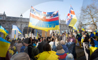 A rally to support Ukraine on the 3rd anniversary of the war / conflict with Russia in Whitehall, London, UK.