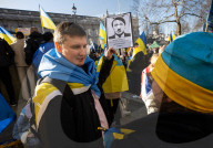 A rally to support Ukraine on the 3rd anniversary of the war / conflict with Russia in Whitehall, London, UK.