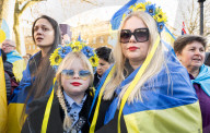 A rally to support Ukraine on the 3rd anniversary of the war / conflict with Russia in Whitehall, London, UK.