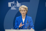 EU Announces Defense Package press conference at the European Commission headquarters in Brussels, Belgium.