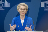 EU Announces Defense Package press conference at the European Commission headquarters in Brussels, Belgium.
