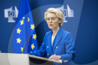 EU Announces Defense Package press conference at the European Commission headquarters in Brussels, Belgium.