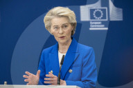 EU Announces Defense Package press conference at the European Commission headquarters in Brussels, Belgium.