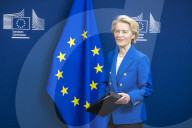 EU Announces Defense Package press conference at the European Commission headquarters in Brussels, Belgium.