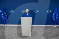 EU Announces Defense Package press conference at the European Commission headquarters in Brussels, Belgium.