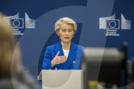 EU Announces Defense Package press conference at the European Commission headquarters in Brussels, Belgium.