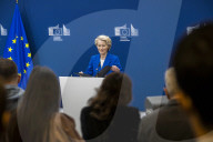 EU Announces Defense Package press conference at the European Commission headquarters in Brussels, Belgium.